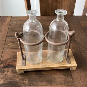 Glass Bottles with Rustic Holder